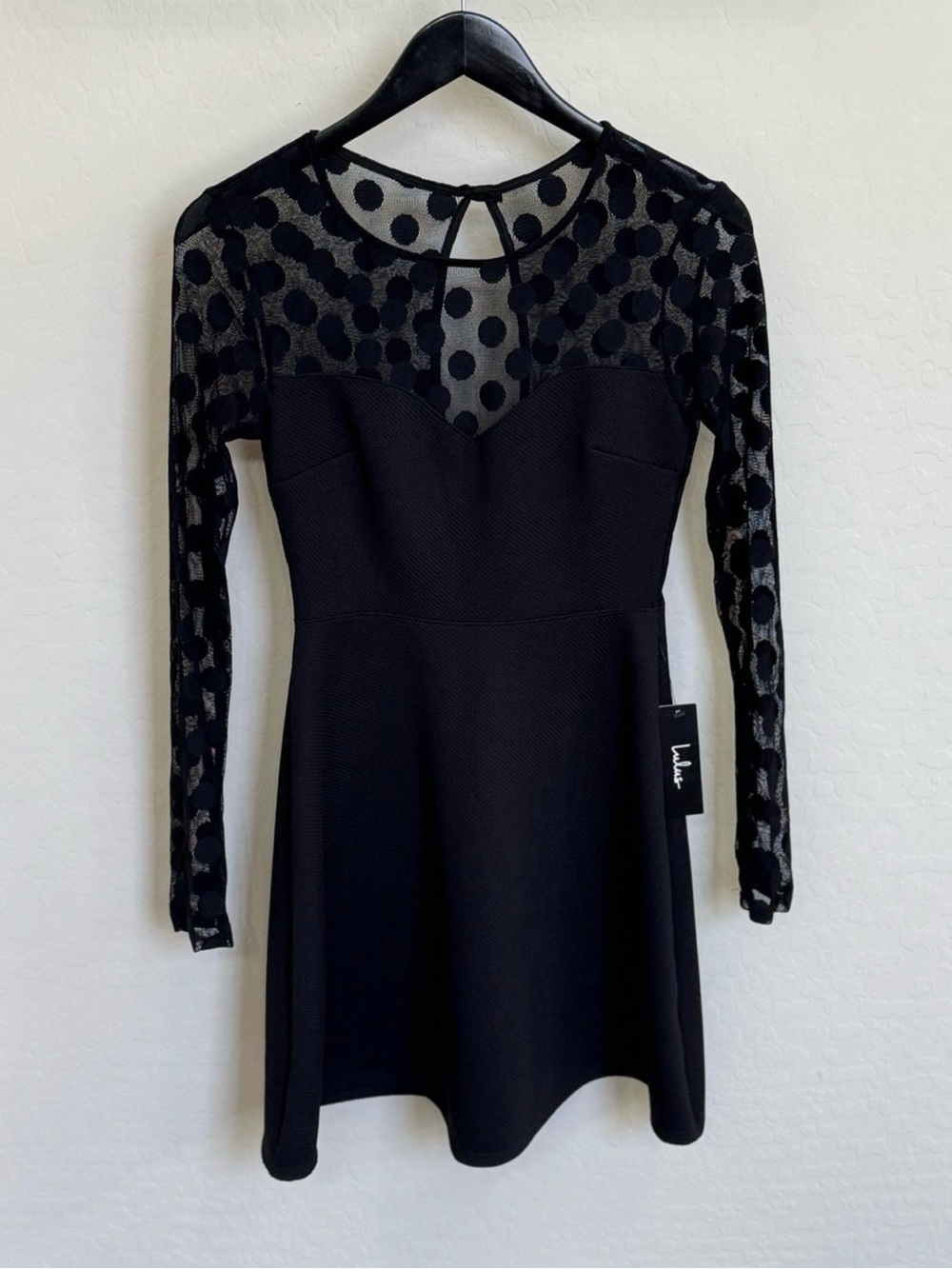 Lulus In Hot Dot-ter Long Sleeve Black Dress NWT Size S